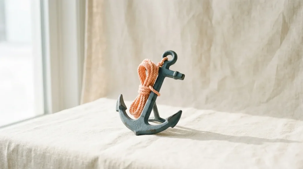 Small cast-iron boat anchor painted slate blue-grey