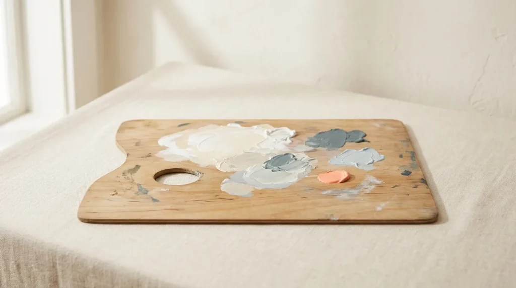 Wooden artist's paint palette with soft blended dabs of slate, blue-grey and cream paint