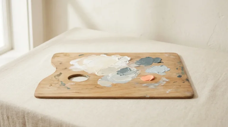 Wooden artist's paint palette with soft blended dabs of slate, blue-grey and cream paint