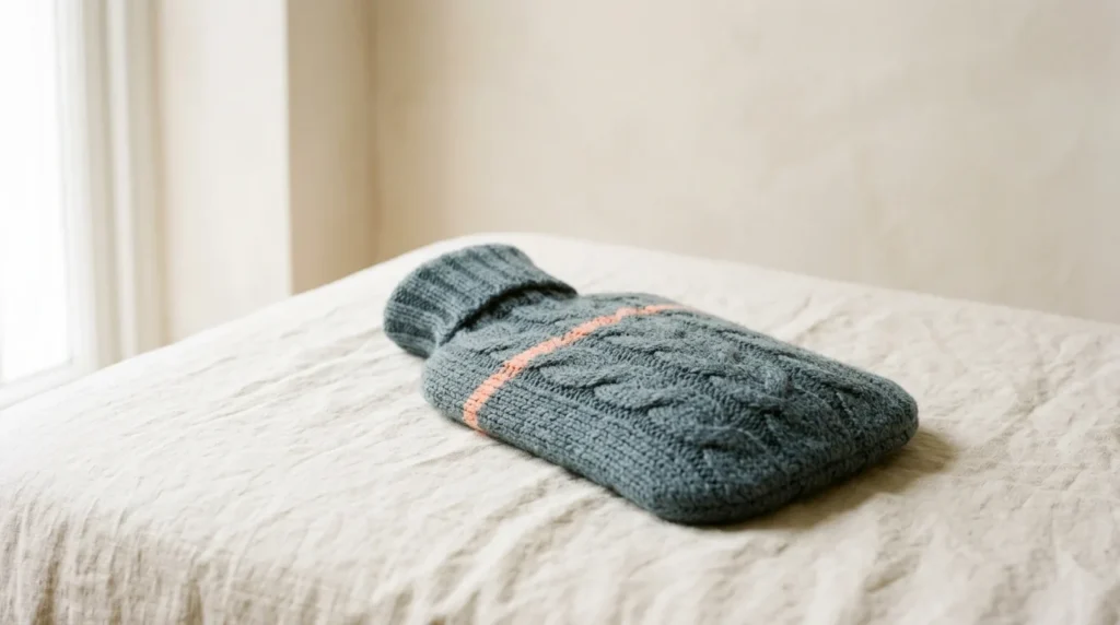 Hot water bottle in a slate knitted cover