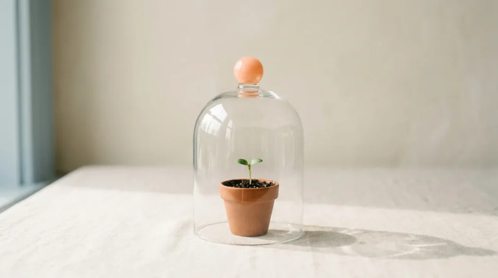 Glass bell cloche covering a tiny green seedling