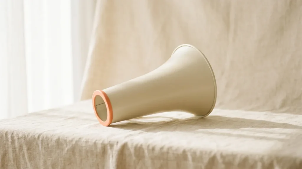 Cream metal megaphone lying on its side