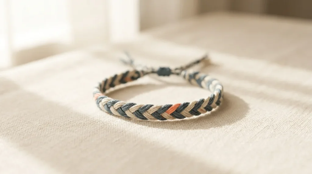 Woven friendship bracelet in slate and cream threads lying in a loose loop