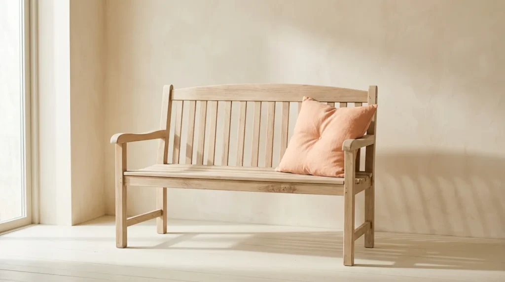 Pale wooden two-seat garden bench