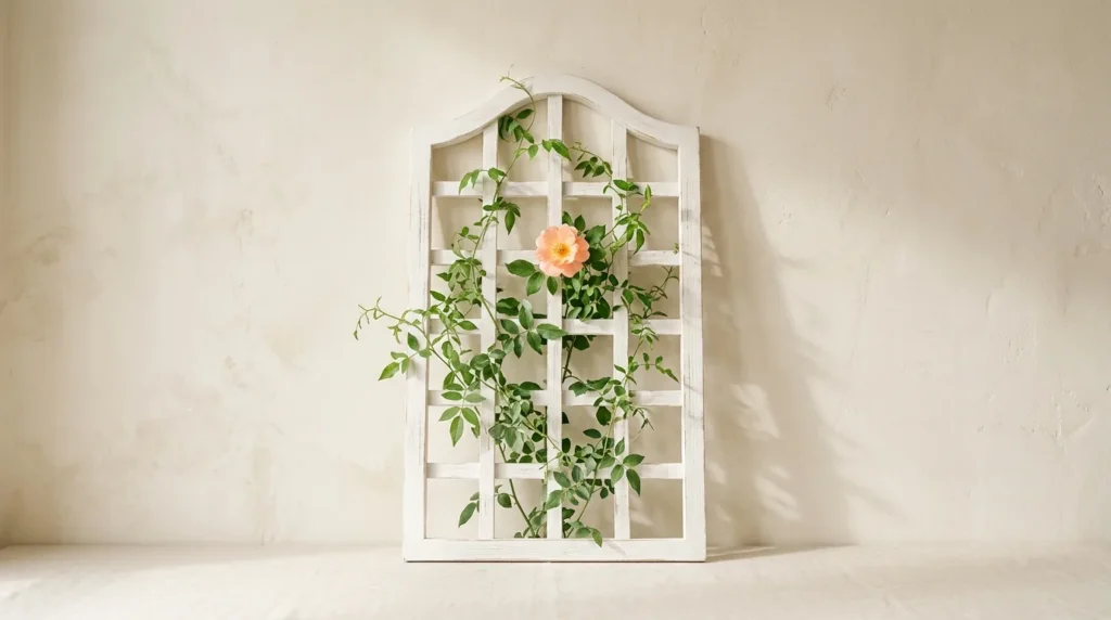 White wooden garden trellis panel with a climbing green vine