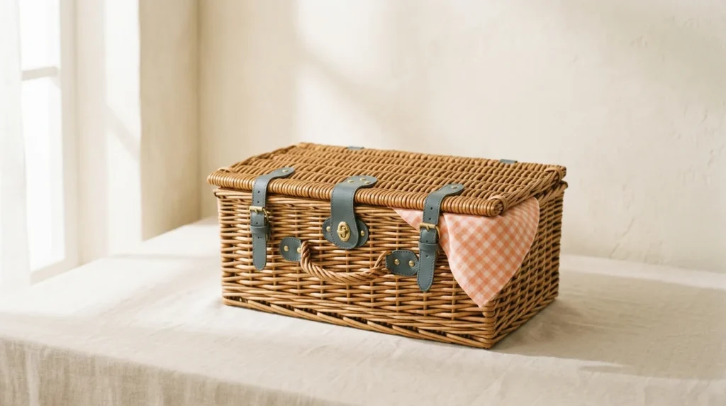 Closed wicker picnic basket