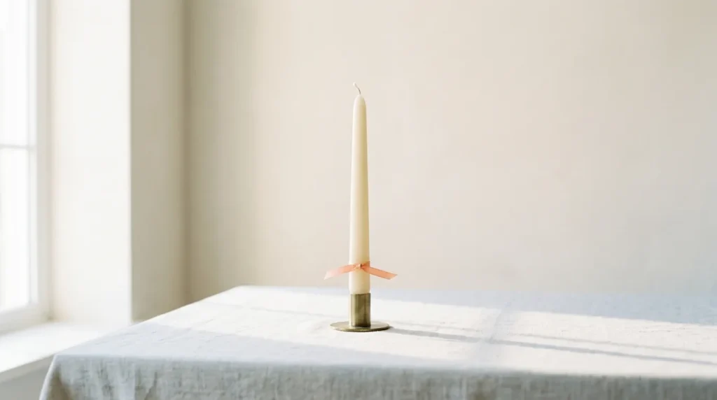 Tall unlit cream taper candle in a slim brass holder