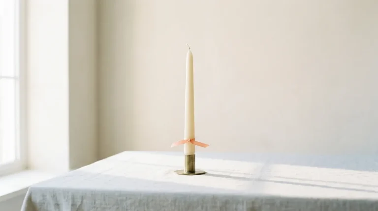Tall unlit cream taper candle in a slim brass holder