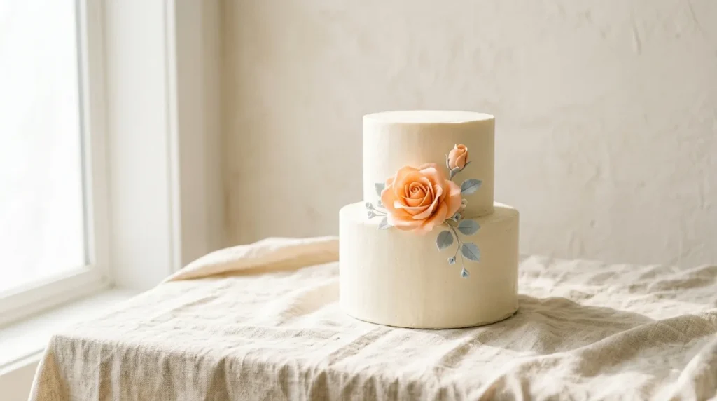 Small two-tier white wedding cake with plain icing