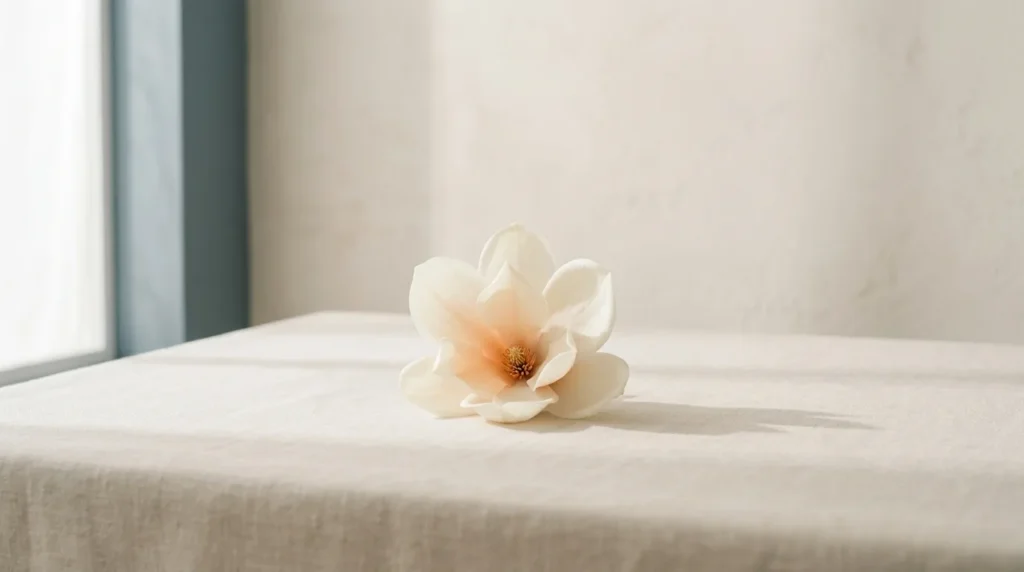 Cream magnolia blossom with a soft peach centre