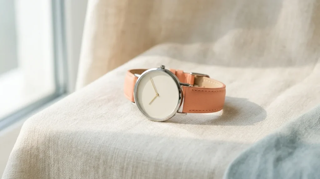 Minimalist wristwatch with a plain cream dial