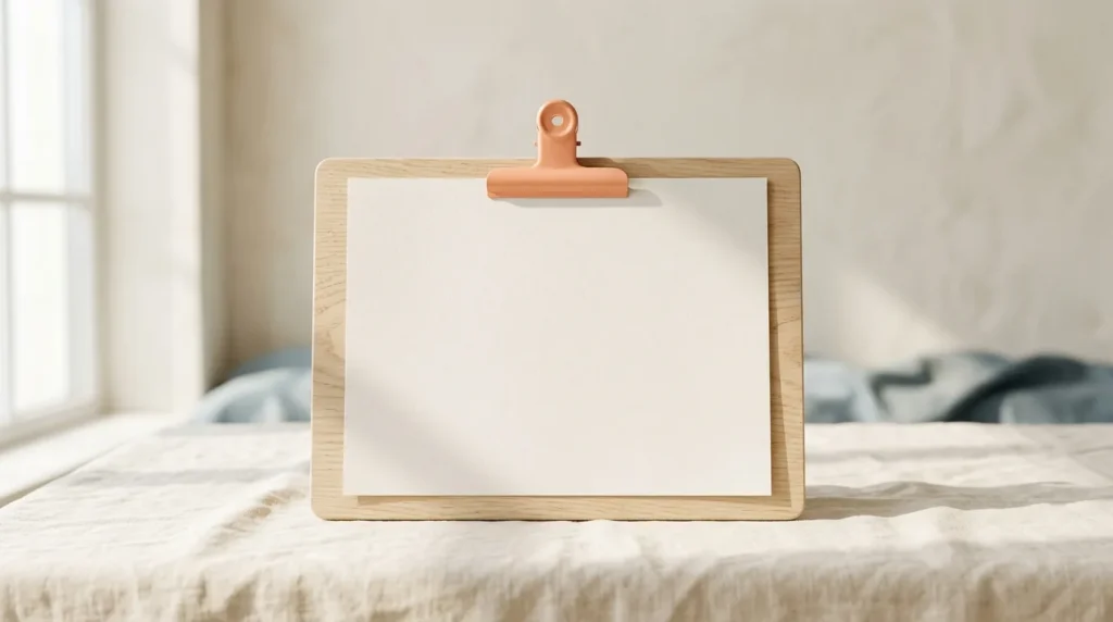 Pale wooden clipboard holding a blank sheet of paper