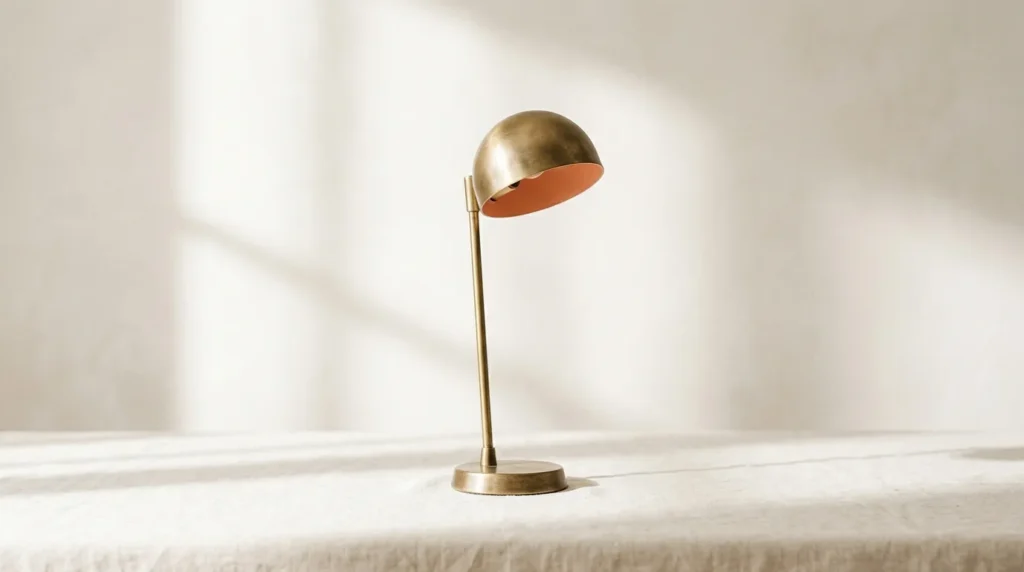 Slim brass desk lamp, switched off