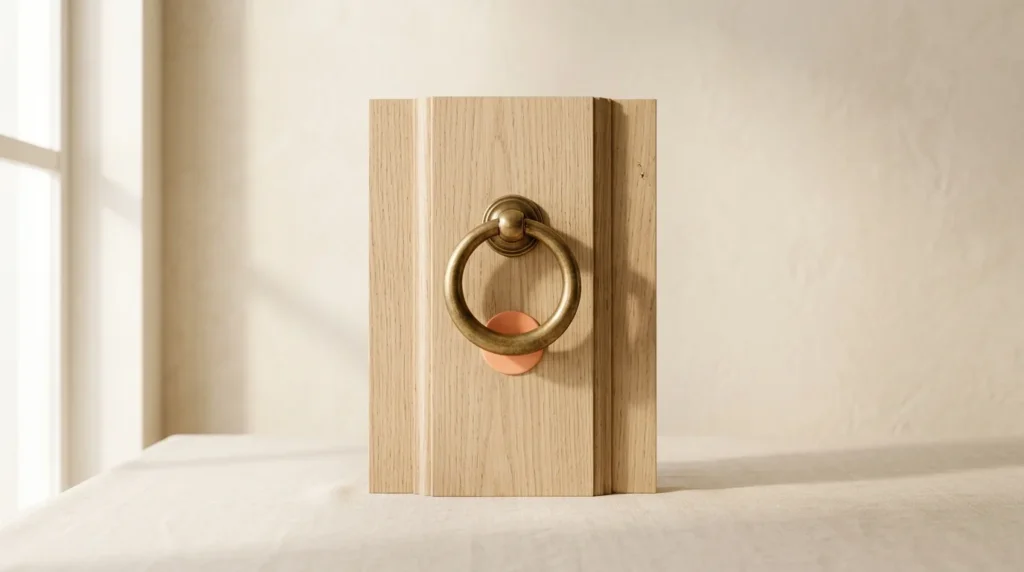 Brass ring door knocker mounted on a pale wooden door panel