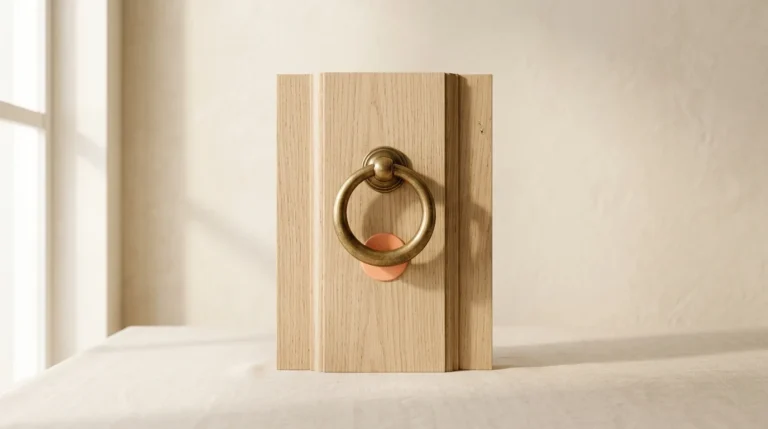 Brass ring door knocker mounted on a pale wooden door panel