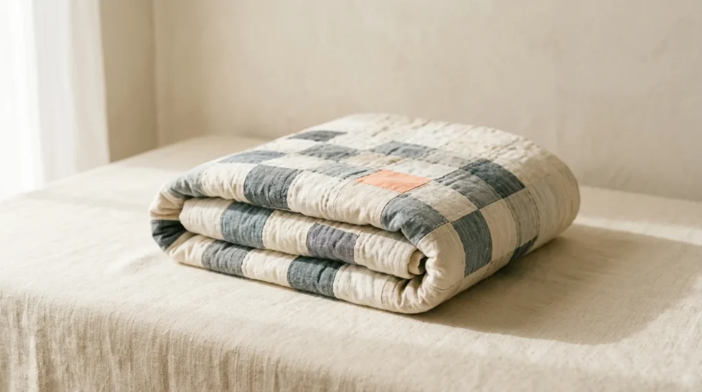 Folded patchwork quilt in cream and blue-grey squares