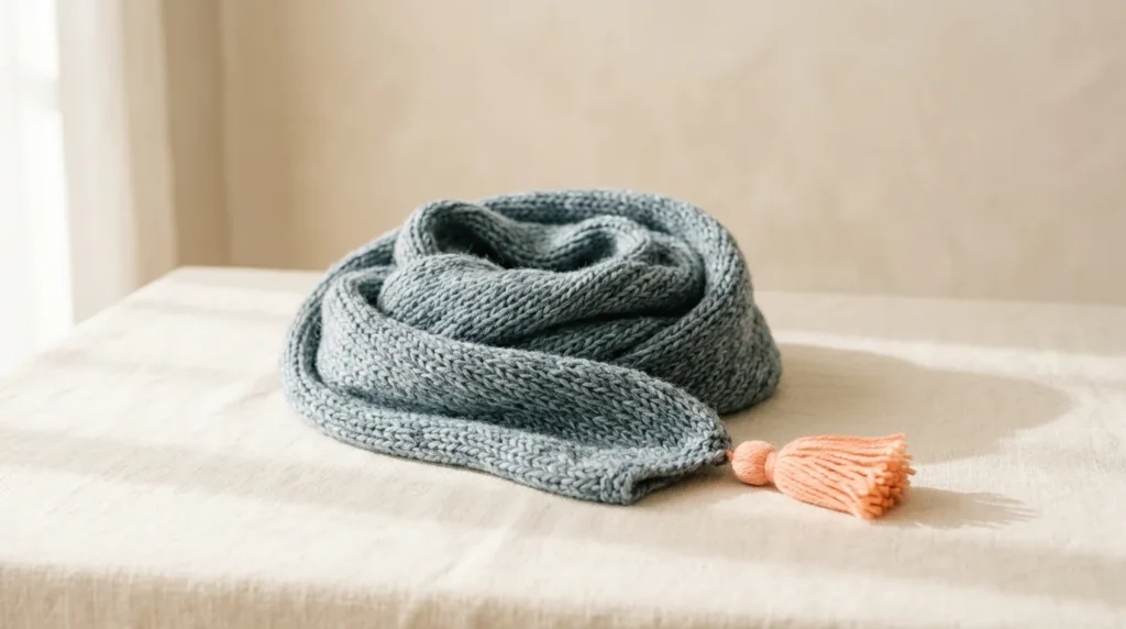 Blue-grey knitted wool scarf loosely coiled