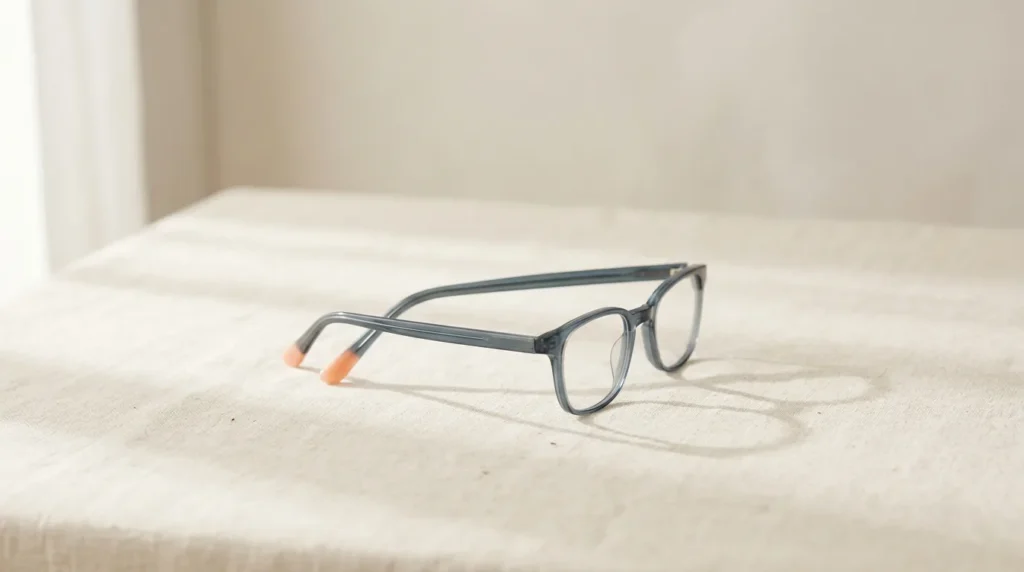 Pair of folded reading glasses with slim slate frames