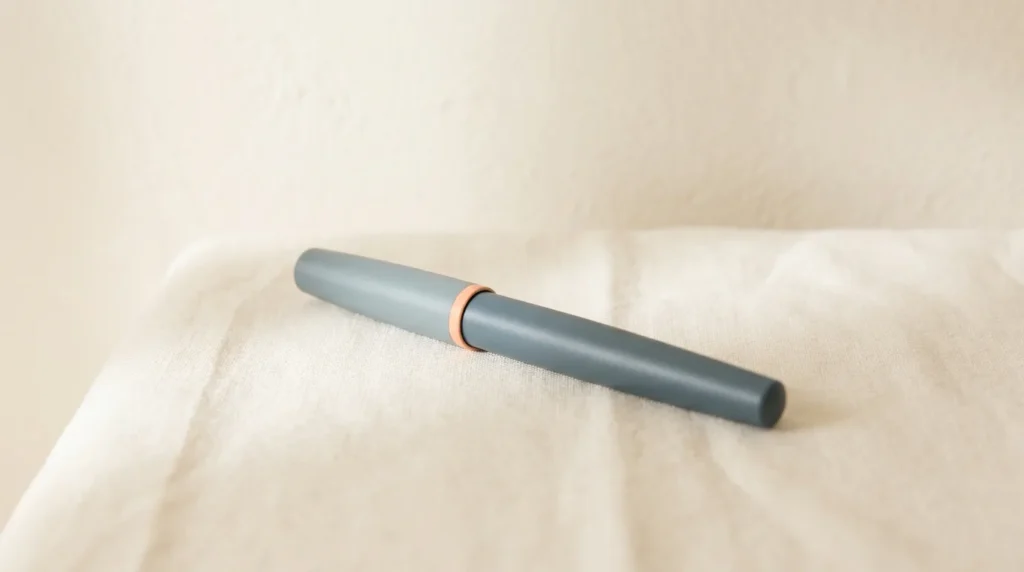 Slate blue-grey fountain pen lying diagonally with its cap on