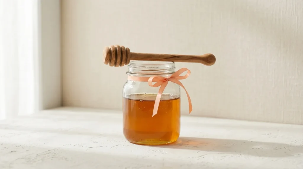 Glass honey jar with a wooden honey dipper resting on top