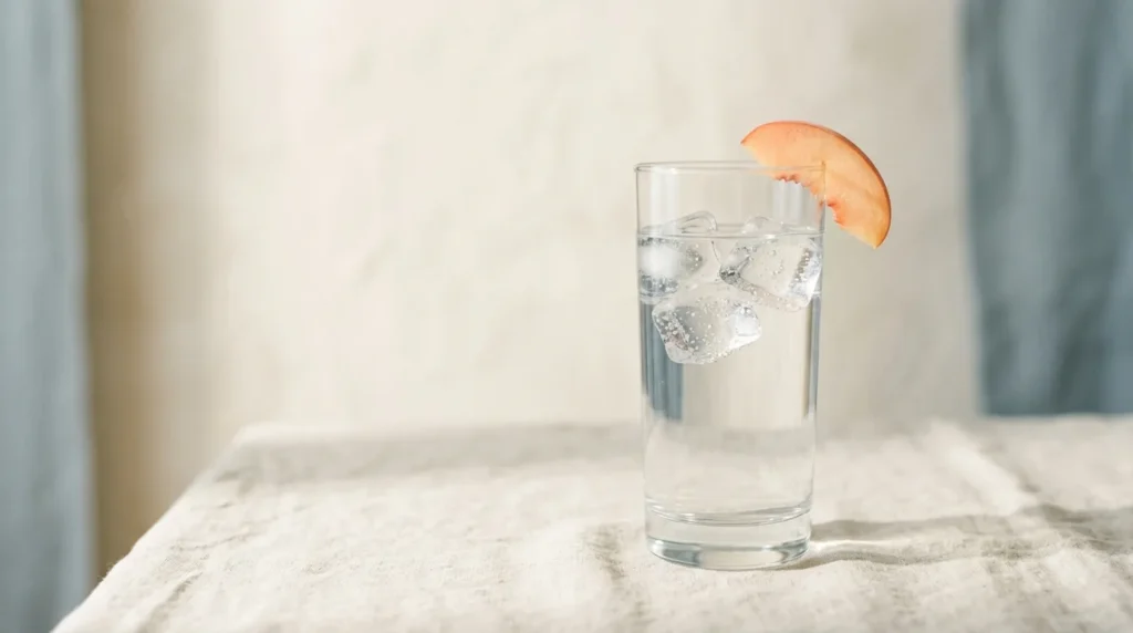 A clear glass of ice water with a thin peach slice on the rim, on a cream linen surface in soft window light