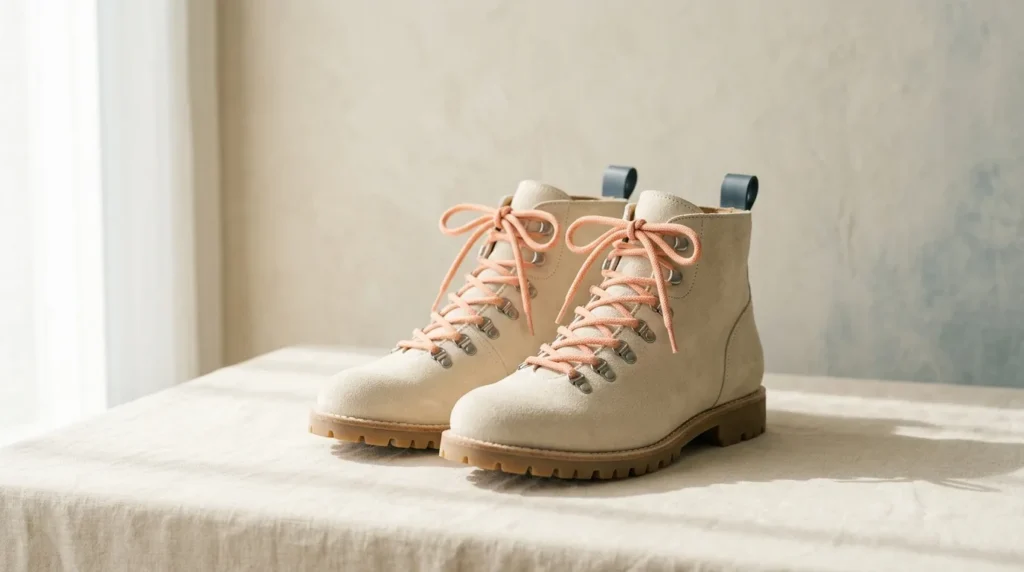 Pair of cream suede hiking boots side by side