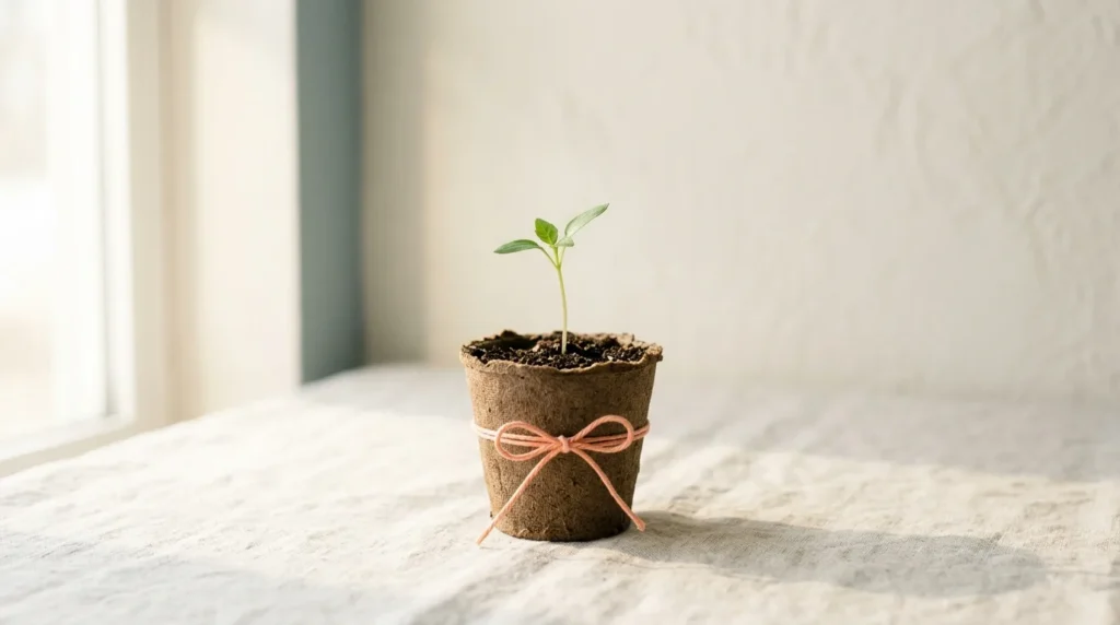 Young green seedling sprouting from a small brown peat pot