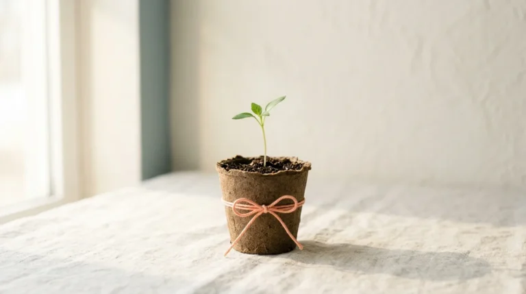 Young green seedling sprouting from a small brown peat pot
