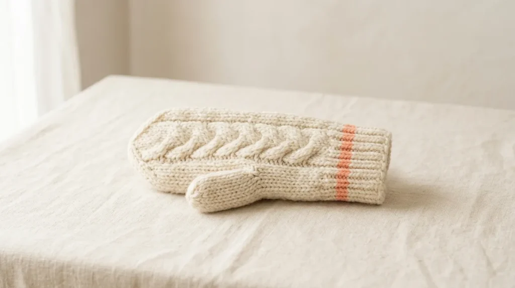Knitted cream wool mitten lying flat