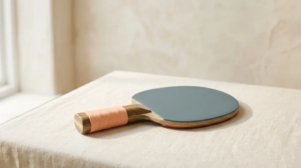 Wooden table tennis paddle with slate blue-grey rubber