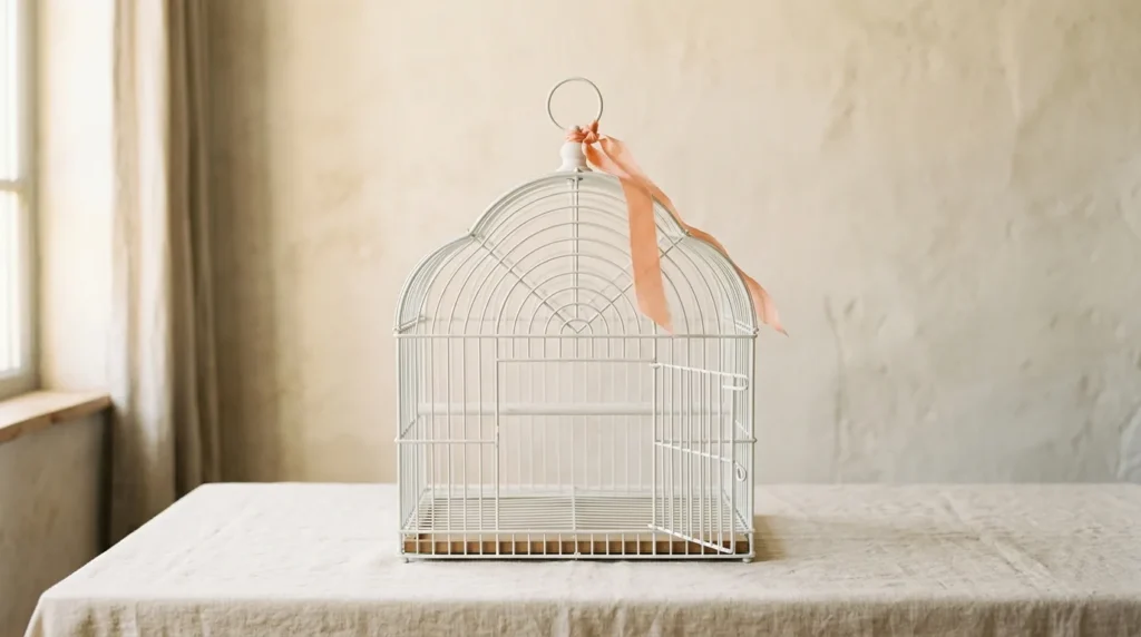 White wire birdcage with its little door standing open, empty