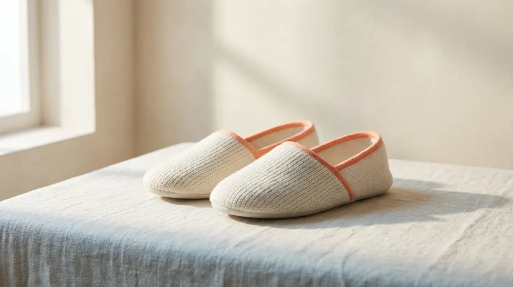 Pair of cream knitted house slippers side by side
