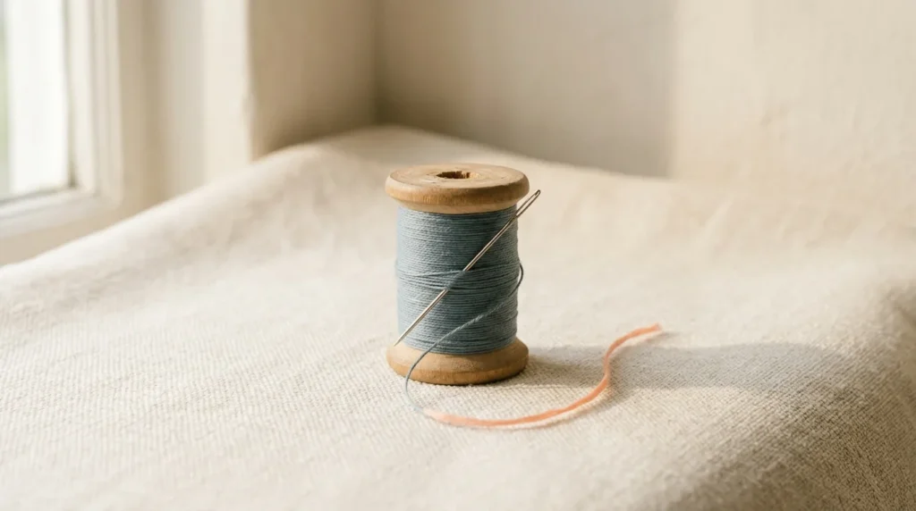 Wooden spool of slate blue-grey thread with a sewing needle tucked through the loose end