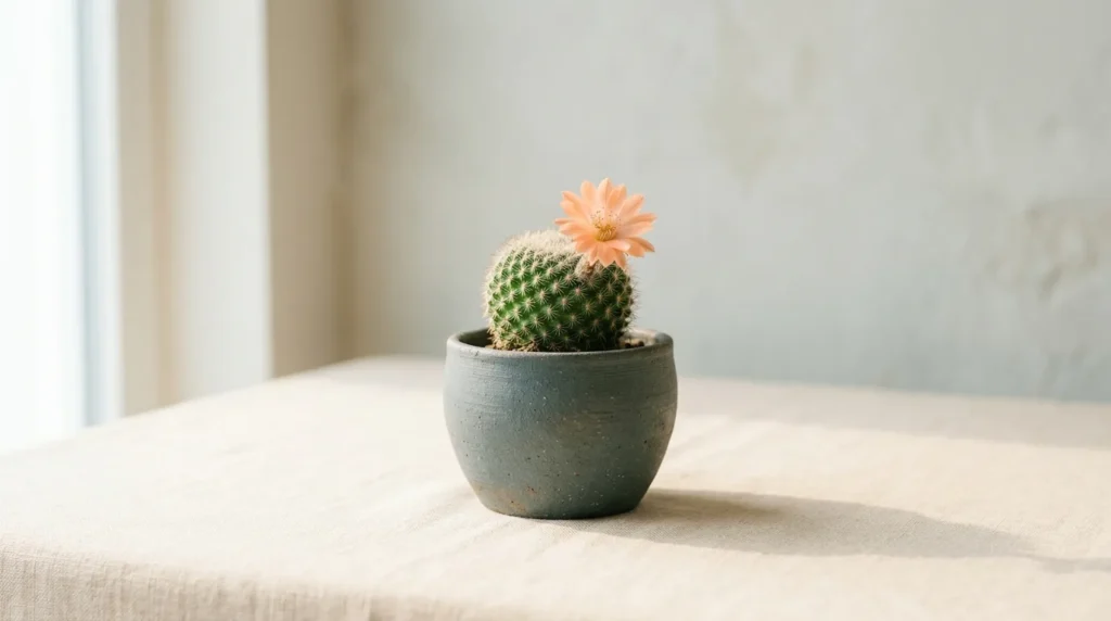 Small round green cactus in a slate ceramic pot