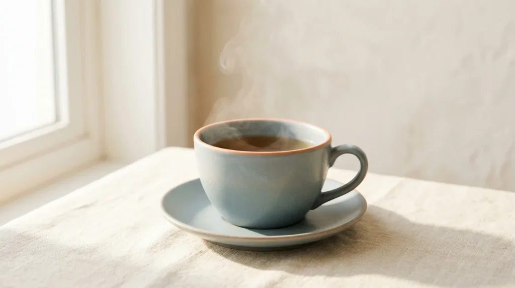 Matte blue-grey ceramic teacup on its saucer with a gentle wisp of steam