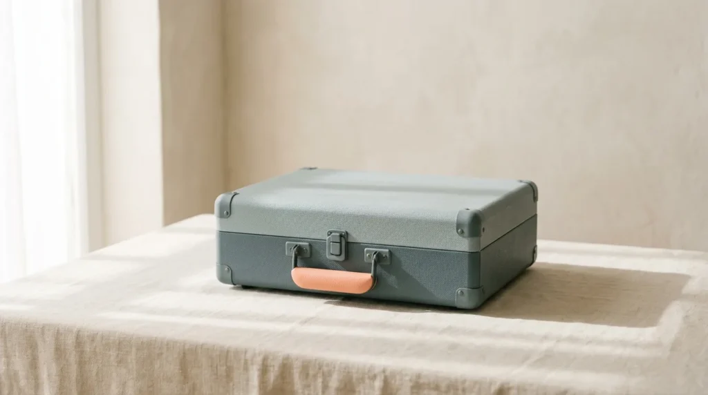 Closed vintage portable record player in a blue-grey case