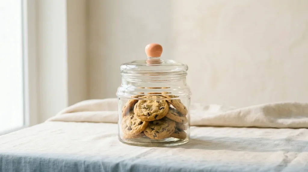 Cream glass cookie jar with a lid, filled with golden cookies