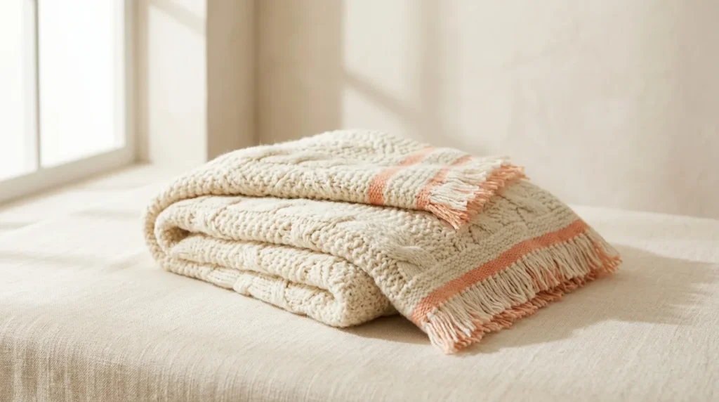 Folded chunky-knit cream throw blanket
