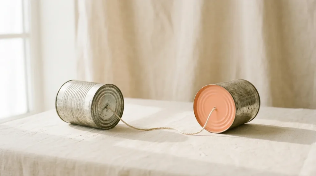 Two tin-can telephones joined by a taut string