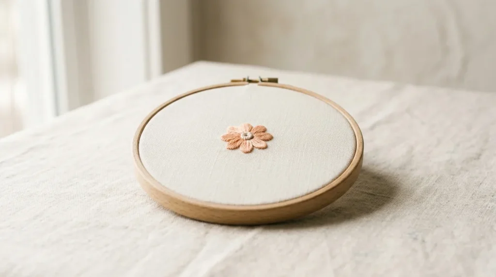 Round wooden embroidery hoop holding stretched cream linen