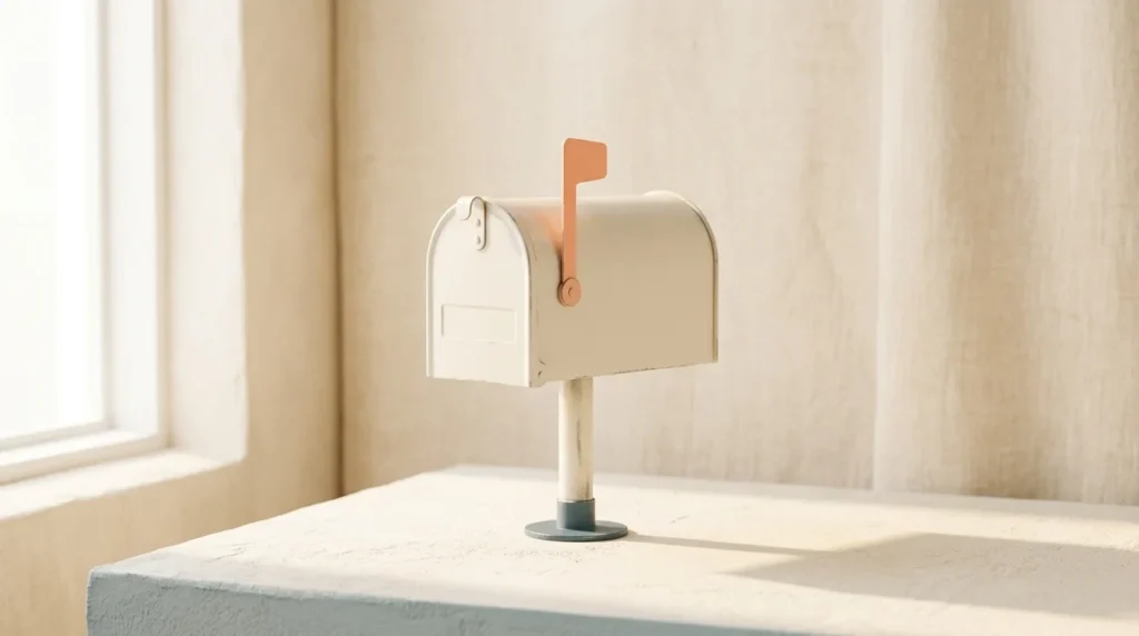 Cream metal mailbox on a short post with its little flag raised