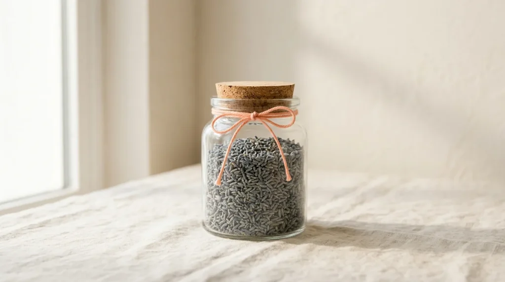 Glass pantry jar of dried lavender buds with a cork lid