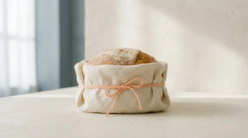 Round homemade loaf of bread wrapped in cream linen