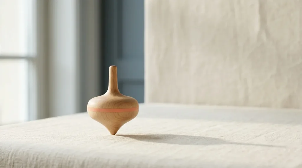 Wooden spinning top standing upright and steady