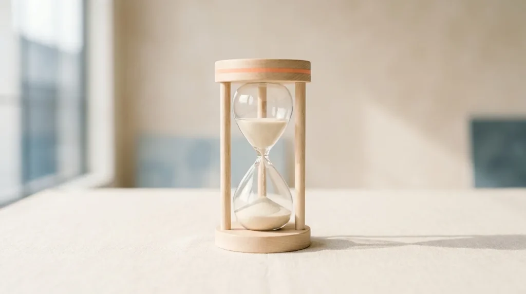 Hourglass with a pale wooden frame and cream sand