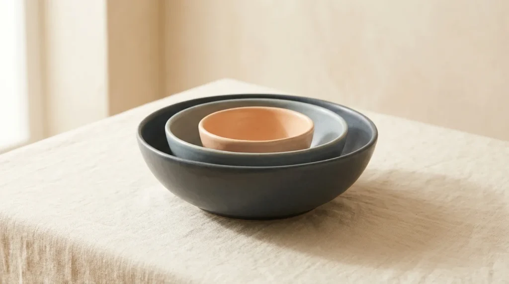Set of three nesting ceramic bowls, the largest slate, then blue-grey