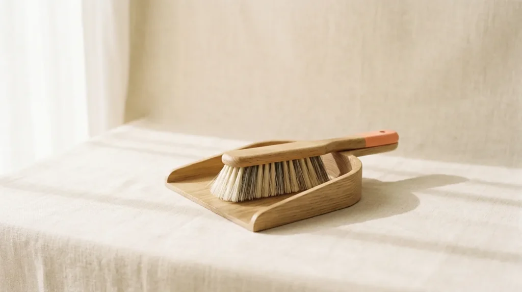 Small wooden dustpan with its matching soft brush resting in it