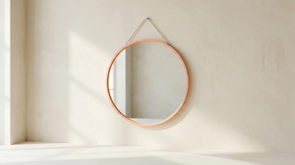 Round wall mirror reflecting soft window light