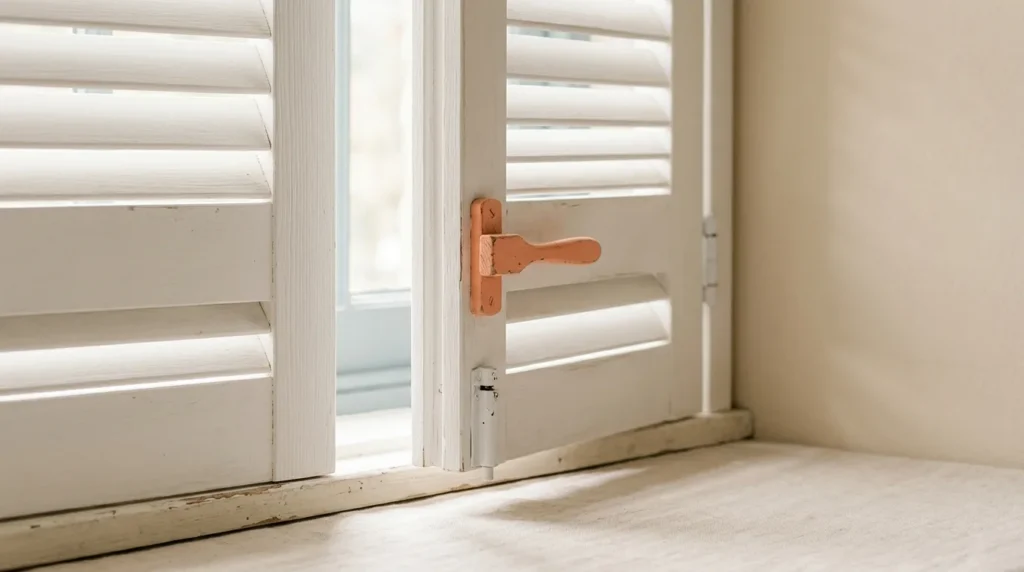White wooden window shutter panel half open letting soft light in