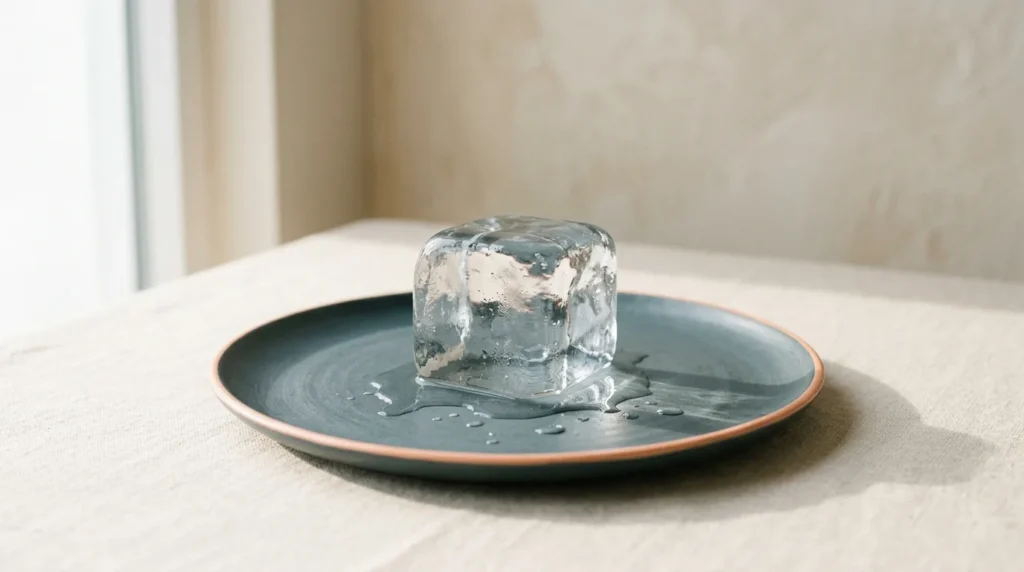 Clear block of ice slowly melting on a slate ceramic plate